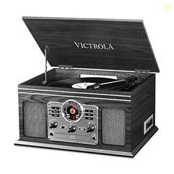 Victrola The Quincy 6-in-1 Bluetooth Record Player & Multimedia Center with Built-in Speakers  3-Speed Turntable, CD & Cassette Player, FM Radio, Wireless Music Streaming (Grey Wood)