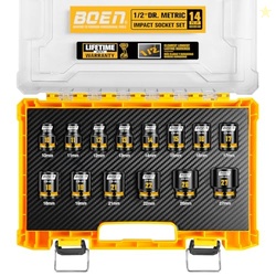 BOEN Pro 1/2  Drive Shallow Impact Socket Set, 14-Piece 6-Point Metric (10-19mm, 21, 22, 26, 27mm) Standard Socket Kit with Deep Embossed and Painted Marking, CR-MO, Includes Rugged PP Case
