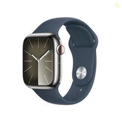 APPLE WATCH SERIES 9 [GPS + CELLULAR 41MM] SMARTWATCH WITH SILVER STAINLESS STEEL CASE WITH STORM BLUE SPORT BAND S/M. FITNESS TRACKER, ECG APPS, ALWAYS-ON RETINA DISPLAY