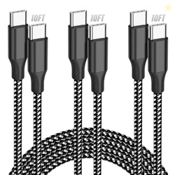 USB C to USB C Cable, 3 Pack 10FT 60W Type C Nylon Braided Charger Cord Fast Charging for iPhone 17 16 15 Series iPad MacBook CarPlay and More (Black)