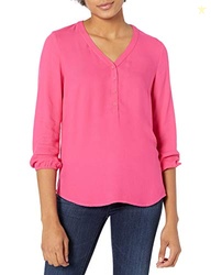 Amazon Essentials Women's 3/4 Sleeve Button Popover Shirt, Loose-Fit V-Neck Blouse, Hot Pink, Small