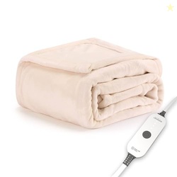 SUNBEAM ELECTRIC THROW ROYAL POSH VELVET HEATED BLANKET, 4 HEAT SETTINGS, 4-HOUR AUTO SHUT-OFF, FAST HEATING, LUSH, SILKY, AND ULTRA COMFY, CHAMPAGNE COLOR, 50" X 60"