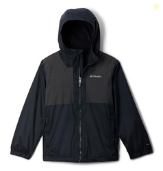 COLUMBIA YOUTH BOYS RAINY TRAILS II FLEECE LINED WATERPROOF RAIN JACKET, BLACK/BLACK SLUB, MEDIUM