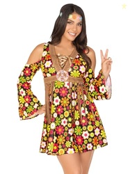 Leg Avenue Womens 2 Pc Starflower Hippie Costume with Cold Shoulder Floral Fringe Dress,flower Headband, MEDIUM, Multicolor