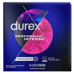 CONDOMS, ULTRA FINE, RIBBED, DOTTED WITH DELAY LUBRICANT, DUREX PERFORMAX INTENSE NATURAL RUBBER LATEX CONDOMS, 24 COUNT, CONTAINS DESENSITIZING LUBE FOR MEN, FSA & HSA ELIGIBLE
