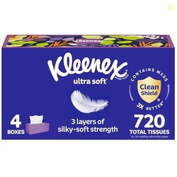 Kleenex Ultra Soft Facial Tissues, 4 Flat Boxes, 180 Tissues per Box, 3-Ply, Packaging May Vary