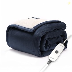 Sunbeam Royal Mink Sherpa Admiral Blue Heated Personal Throw / Blanket, Cozy-Warm, Adjustable Heat Settings