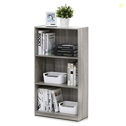 FURINNO BASIC 3-TIER BOOKCASE STORAGE SHELVES, FRENCH OAK GREY