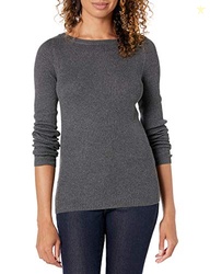 Amazon Essentials Women's Lightweight Ribbed Long-Sleeve Boat Neck Slim-Fit Sweater, Charcoal Heather, Large