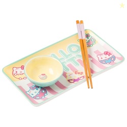SILVER BUFFALO SANRIO HELLO KITTY PASTEL COLORED CERAMIC SUSHI SET WITH DIPPING SAUCE DISH AND MATCHING CHOPSTICKS