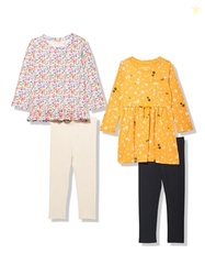 Amazon Essentials Girls' Long-Sleeve Outfit Set, Pack of 4, Gold/Ditsy Floral, Small