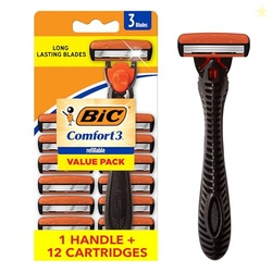 BIC Comfort 3 Refillable Three-Blade Razor for Men, Sensitive Skin Razor For a Comfortable Shave, 1 Handle and 12 Cartridges, 13 Piece Razor Set
