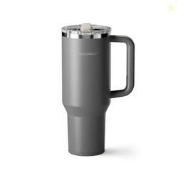 SILICANICE 40 Oz Insulated Tumbler with Detachable Flip Straw Lid, Vacuum insulated Stainless Steel | BPA-Free, Handle & Cupholder Compatible - 24H Cold, Travel/Gym/Office,Gray