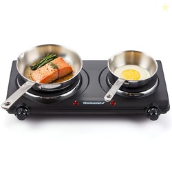 ELITE GOURMET EDB-302BF# COUNTERTOP DOUBLE CAST IRON BURNER, 1500 WATTS ELECTRIC HOT PLATE, TEMPERATURE CONTROLS, POWER INDICATOR LIGHTS, EASY TO CLEAN, BLACK