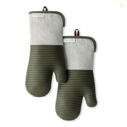 KITCHENAID EVERGREEN DESIGN SERIES HERRINGBONE RIBBED SOFT SILICONE OVEN MITTS 2-PACK SET, HEAT RESISTANT UP TO 500F, FLEXIBLE & WATERPROOF, DEEP FOREST GREEN, 7"X14"