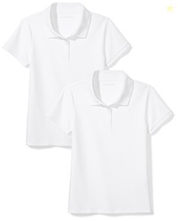 Amazon Essentials Girls' Short Sleeve Uniform Interlock Polo Shirt, Pack of 2, White, Medium