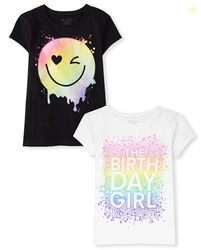 The Children's Place,Girls,Assorted Everday Short Sleeve Graphic T-Shirts,Multipacks,Birthday/Smiley 2-Pack,Large
