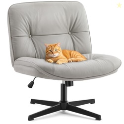 Sweetcrispy Criss Cross Chair, Wide Seat PU Leather Armless Office Desk Vanity Chair, Comfortable Adjustable Swivel Computer Task Chairs for Bedroom, Small Space Make Up, Grey