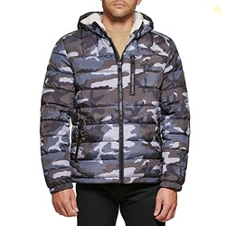Levi's Men's Quilted Puffer with Sherpa Lined Hood, Grey Camouflage, Medium