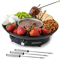 NOSTALGIA ELECTRIC FONDUE PARTY SET  10 OZ MELTING POT, 4 ROASTING FORKS, & DETACHABLE SERVING TRAY  MELTED CHEESE, CHOCOLATE, OR DESSERT  PERFECT FOR GIFTS, PARTIES, DATE NIGHT  BLACK