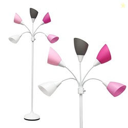Simple Designs LF2006-WPG 67" Contemporary Multi Head Medusa 5 Light Adjustable Gooseneck White Floor Lamp with Pink, White, Gray Shades for Kids Bedroom Playroom Living Room Office, 30 x 10 x 67