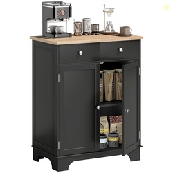 HOMCOM Sideboard Buffet Cabinet with Solid Wood Countertop, Modern Kitchen Storage Cabinet, Coffee Bar Cabinet with 2 Drawers, Doors and Adjustable Shelf, Black