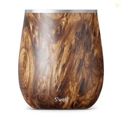 S'WELL STAINLESS STEEL WINE TUMBLER, 9OZ, TEAKWOOD, TRIPLE LAYERED VACUUM INSULATED CONTAINER KEEPS DRINKS COLDER FOR LONGER, BPA FREE BARWARE