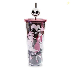 Silver Buffalo Disney The Nightmare Before Christmas Misfit Love Featuring Jack Skellington and Sally Plastic Cold Cup with Lid and Straw Topper, 24 Ounces