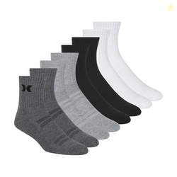 Hurley Men's 8 Pack High Quarter Crew Socks, Grey/Black, 10-13