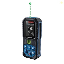 BOSCH GLM165-27CGL 165 FT BLAZE GREEN-BEAM LASER DISTANCE MEASURE WITH 3.7V LITHIUM-ION 1.0 AH BATTERY, INCLUDES 1.0 AH 3.7V LITHIUM-ION BATTERY, BELT CLIP, & POUCH