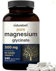 Naturebell Pure Magnesium Glycinate 500mg, 240 Veggie Capsules | 100% Chelated & Purified  3rd Party Tested, Vegan Friendly, Non-GMO