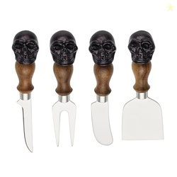 Oneida Serving Utensil Set, Skull Mirror Cheese Knives Flatware Set, Set of 4 Stainless Steel Utensils Set, Carved Wood Handles, Black Die Lacquer Finish, Halloween Decorations (4 Piece Cheese Knives)