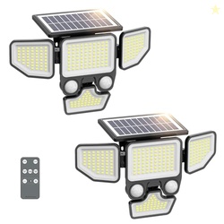 Onforu 3000LM Solar Lights Outdoor, 4 Heads Solar Security Lights with Remote Control, 180 LEDs IP65 Waterproof Motion Sensor Lights 3 Modes Flood Lights for Wall, Porch, Yard, Outside, 2 Pack