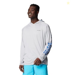 Columbia Mens PFG Terminal Tackle Long Sleeve Fishing Hoodie, Cool Grey/Vivid Blue Logo, X-Large