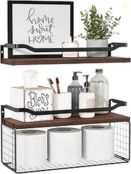 WOPITUES Floating Shelves with Wire Storage Basket