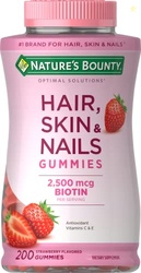 Nature's Bounty Optimal Solutions Hair, Skin and Nails Gummies with Biotin, 2500 mcg, Strawberry Flavored, 200 Count, 100 Total Servings