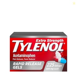 Tylenol Extra Strength Acetaminophen Rapid Release Gels, Pain Reliever and Fever Reducer Medicine, Gelcaps with Laser-Drilled Holes, 500 mg Acetaminophen, 225 Count