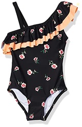Kanu Surf Girls' Morgan Floral Ruffle 1-Shoulder 1-Piece Swimsuit, Black, 10