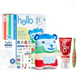 Hello Tooth Fairy Kit with Door Hanger and Teddy Bear, Includes Full Size Fluoride Kids Strawberry Toothpaste and Kids Toothbrush, for Children Ages 3 and Up