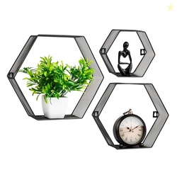 Mind Reader Hexagon Floating Shelves, Wall Decor, Honeycomb Accent Shelf, Office, Metal Mesh, 14" L x 4" W x 12" H, Set of 3, Black