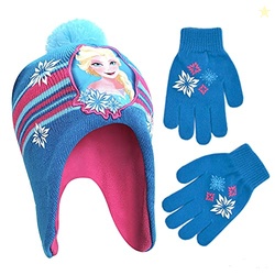 Disney Girls' Little Frozen Winter Hat and Kids Gloves Set, Elsa and Anna Beanie, Blue/Pink, Age 4-7