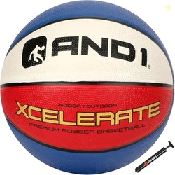 AND1 Xcelerate Rubber Basketball: Official Regulation Size 7 (29.5) Streetball, Made for Indoor/Outdoor Games (Basketball w/Pump, Red/White/Blue)