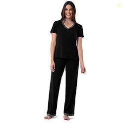 Fruit of the Loom womens Short Sleeve Tee and Pant 2 Piece Sleep Pajama Set, Black, Medium US
