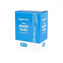 AMAZON BASICS DISPOSABLE CLEAR PLASTIC FORKS, PREMIUM QUALITY, 100 COUNT, LARGE PACK