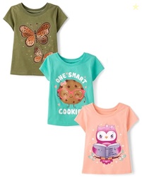 The Children's Place,Baby Girls,and Toddler School Days Short Sleeve Graphic T-Shirts,Multipacks,Butteflies/Cookie/Owl 3-Pack,12 Months,18 Months