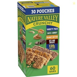Nature Valley Crunchy Granola Bars Bulk Variety Pack, Oats 'n Honey, Peanut Butter & Oats 'n Dark Chocolate, 30 Two-Bar Wrapped Pouches (60 Bars Total), Whole Grain, No Artificial Flavors, 44.7 OZ
