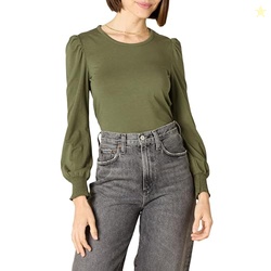 Amazon Essentials Women's Long-Sleeve Crewneck Smocked Cuff T-Shirt, Olive, Medium