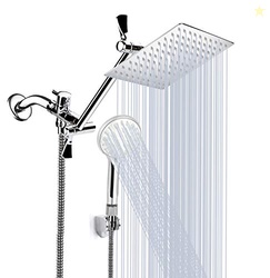 SHOWER HEAD, 8 INCH HIGH PRESSURE RAINFALL SHOWER HEAD/HANDHELD SHOWER COMBO WITH 11 INCH EXTENSION ARM, 9 SETTINGS ADJUSTABLE ANTI-LEAK SHOWER HEAD WITH HOLDER/HOSE, HEIGHT/ANGLE ADJUSTABLE
