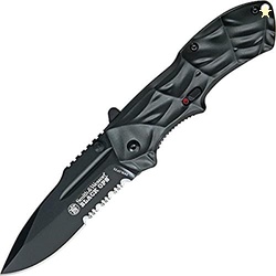 Smith & Wesson Black Ops SWBLOP3S 7.7in S.S. Assisted Opening Knife with 3.4in Serrated Drop Point Blade and Aluminum Handle for Tactical, Survival and EDC