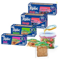 Ziploc Brand 190 Count Storage Bags Variety Pack, 42ct Storage Gallon and 48ct Storage Quart with Stay Open Design, 50ct Sandwich and 50ct Snack with Grip N Seal Technology (Packaging May Vary)